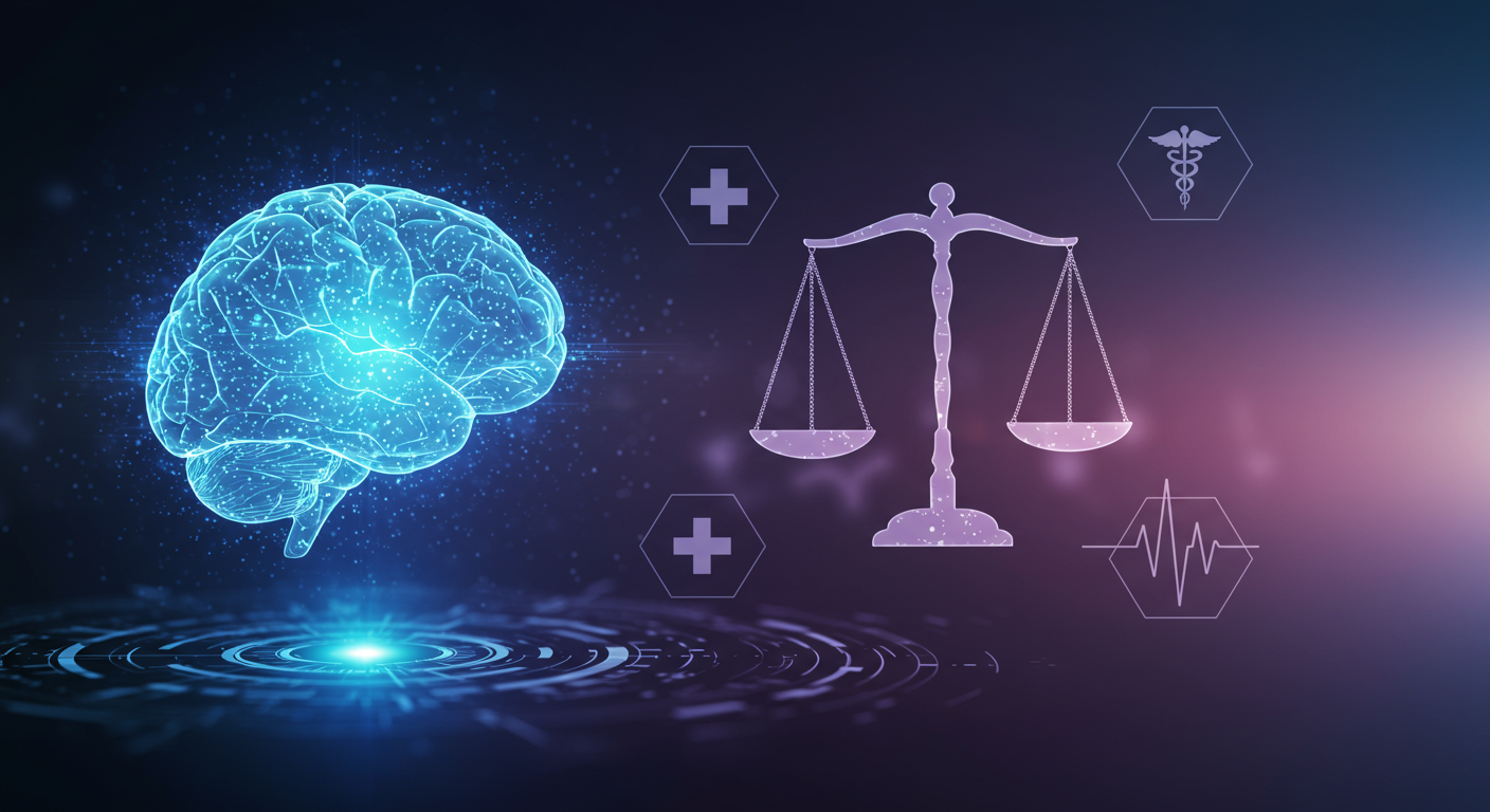 Symbolic representation of AI, ethics, and healthcare